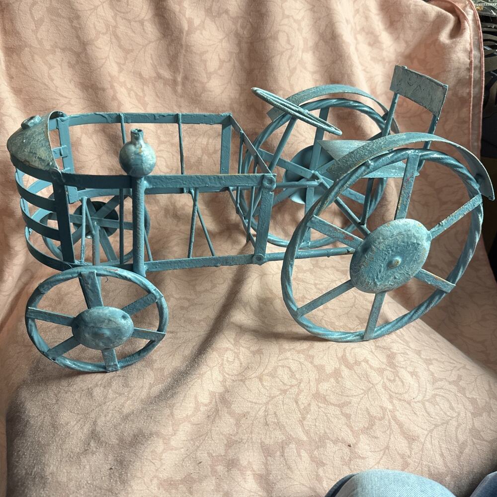 Vintage Large Blue Metal Tractor Outdoor Plant Holder 16”